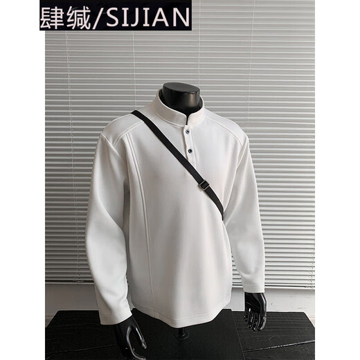 Four-tone gray Henry collar deconstructed shoulder POLO sweatshirt for men in autumn and winter boxy short wide long-sleeved T-shirt with base layer white and gray upgraded version M