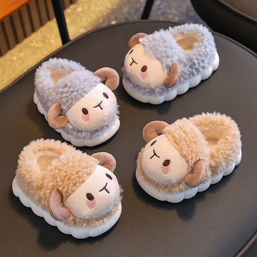 Winter children's cotton slippers with heel for girls, warm and velvet at home for boys, cute cotton shoes for small and medium-sized children at home, light coffee (heel) 12, size 26/27 (shoe inner length 16CM, suitable for feet 15