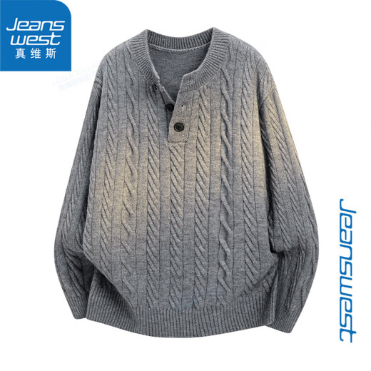 Jeanswest Half-breasted Sweater Men's Autumn and Winter Henley Collar Twist Lazy Knitted Bottoming Shirt Gray XL 120-140Jin Jin equals 0.5kg
