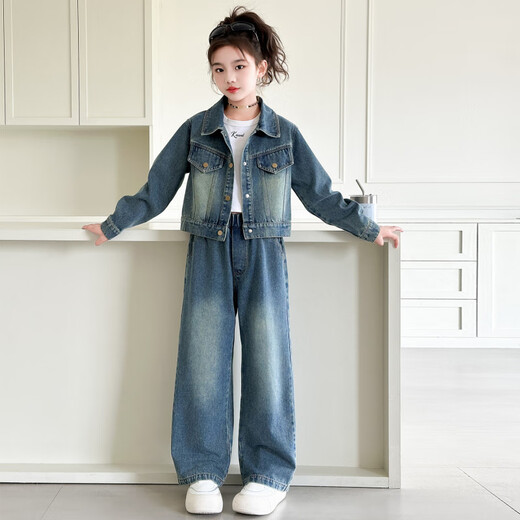 WOATI International Imported Big Brand Children's Clothing Girls Autumn Denim Suit 2025 New Children's Fashionable Spring and Autumn Medium and Large Blue Jacket + Pants 130 cm