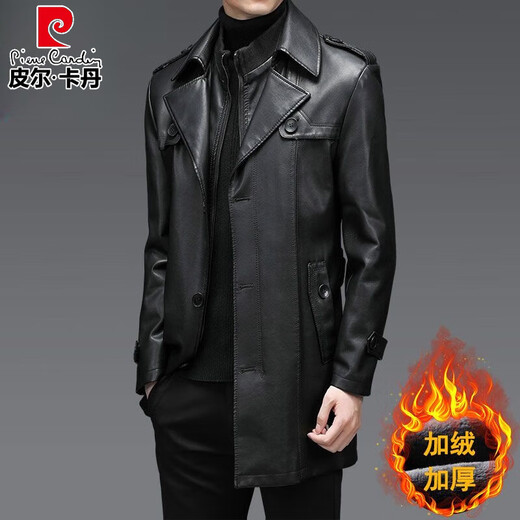Pierre Cardin Light Luxury Winter Leather Coat Men's Mid-Length Velvet Thickened Leather Coat Middle-aged Dad's Leather Windbreaker Men's Outerwear Black L 175