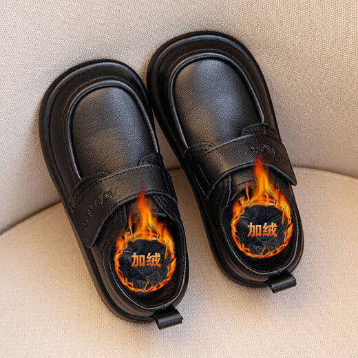 Shepherd Niu (MUTONGNIU) children's leather shoes, genuine black, campus performance student shoes, soft sole, wide head, girls and boys, plus velvet, warm children's shoes, black plus velvet, 24, inner length 15.3CM