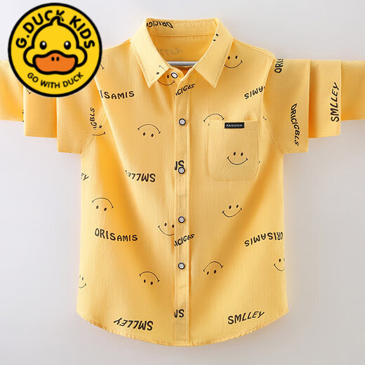 G.duck children's long-sleeved smiling face shirt boys' spring and autumn pure cotton shirt for middle-aged and primary school students pure cotton with pockets fashionable bear blue 150 cm
