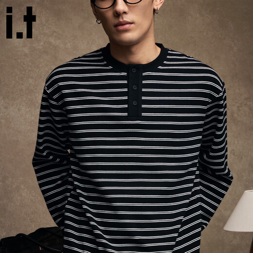 Izzue it Hong Kong trendy brand striped sweatshirt men's spring and autumn American retro contrast color Henry collar long-sleeved bottoming shirt black official authentic L