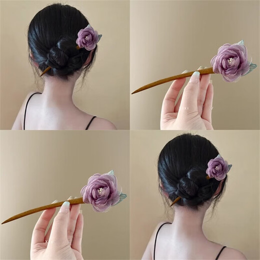 Purple rose wooden hairpin summer hairpin mesh flower hairpin ancient style hairpin headdress temperament hair accessories for women rose wooden hairpin purple - 1 piece