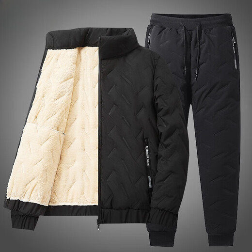 Zhaolu cotton-padded jacket and cotton trousers suit men's cotton-padded jacket men's winter middle-aged and elderly dad plus velvet cotton jacket grandpa lamb velvet two pieces 777 black clothes black straight pants suit 2XL 130/145Jin Jin is equal to 0.5 kg