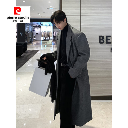 皮尔卡丹（pierre cardin）春秋韩版美拉德毛呢大衣男感中长款垫肩风衣过膝宽松呢子外套 咖啡色（加棉里衬） XL