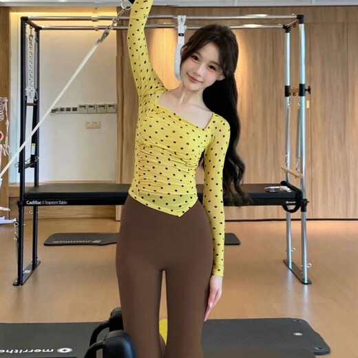 Shuangxiu Beautiful Yoga Wear for Women 2025 New Dopamine Long Sleeve Suit Polka Dot Autumn and Winter Pilates Fitness Suit with Chest Pad Yellow Brown Polka Dot Top S 85-100