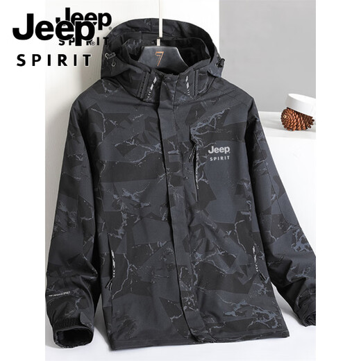 JEEP SPIRIT Jacket Men's Autumn and Winter Three-in-One Detachable Velvet Camouflage Sports Jacket Camouflage Black Three-in-One (Coat + Liner) XL