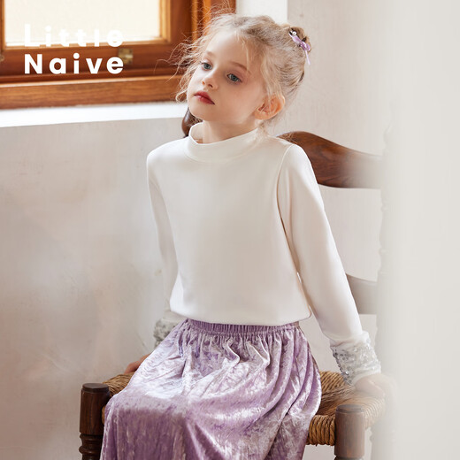 Little Naive girls half turtleneck bottoming shirt autumn new sequin splicing cuffs children's versatile long-sleeved T-shirt white 140
