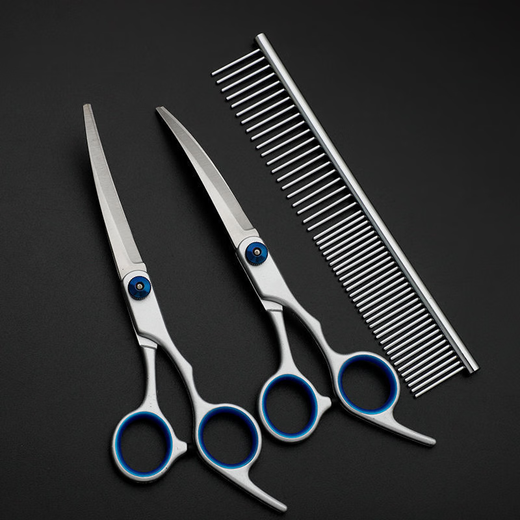 Pengyi pet scissors, professional hair trimming and grooming tools, dog hair cutting curved scissors, dog teddy shearing hairdressing scissors, pet grooming set, upper bending + lower bending + combing