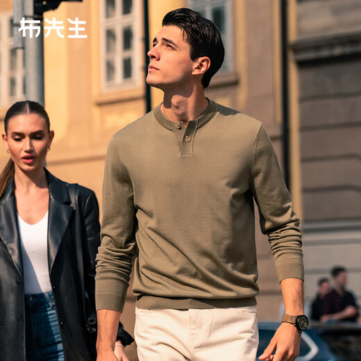 Mr. Bu Henry Collar Thin Wool T-Shirt Spring and Autumn Long Sleeve Wool Sweater Men's Birch Green S (165)