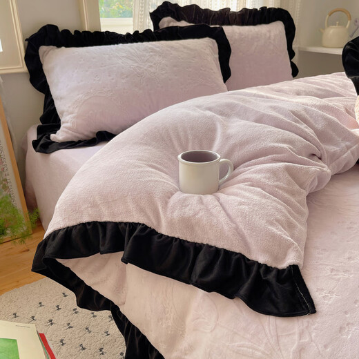 Mercury series French fairy lace carved velvet warm four-piece set double-sided velvet duvet cover milk velvet 3-piece set thickened 1.5 sheets Roof Garden-Purple 1.2m sheet style three-piece set (quilt cover 150*210cm)