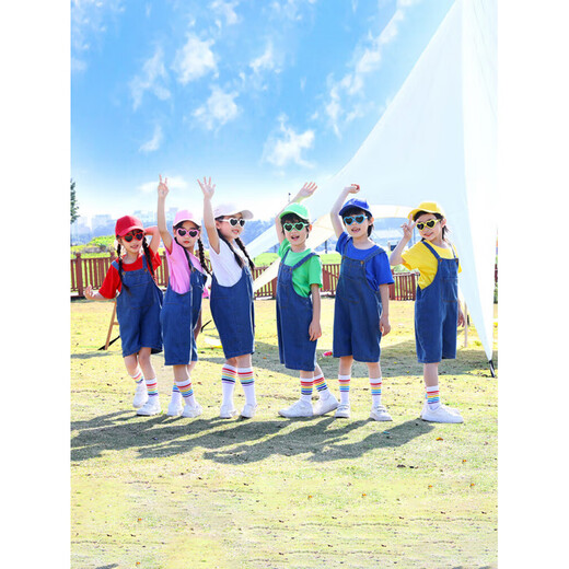 Children's Cheerleader Performance Uniforms Sports Games Opening Ceremony Performance Uniforms Kindergarten Class Uniforms Short-Sleeved Candy Color White Short-Sleeves + Denim Overalls Free Same Style Socks One Size 110cm