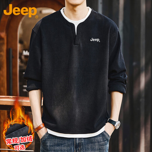 Jeep (JEEP) sweatshirt men's autumn and winter heavyweight waffle fake two-piece bottoming shirt top men's black XL