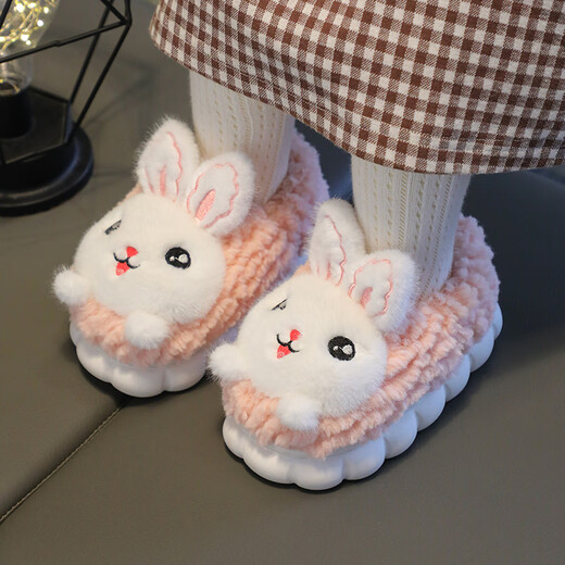 Yicong children's cotton slippers for women in autumn and winter new cute baby indoor non-slip soft bottom warm boys' parent-child fur slippers Violet (rabbit style) 20-21 sizes inner length 12.0 about 3-12 months small size