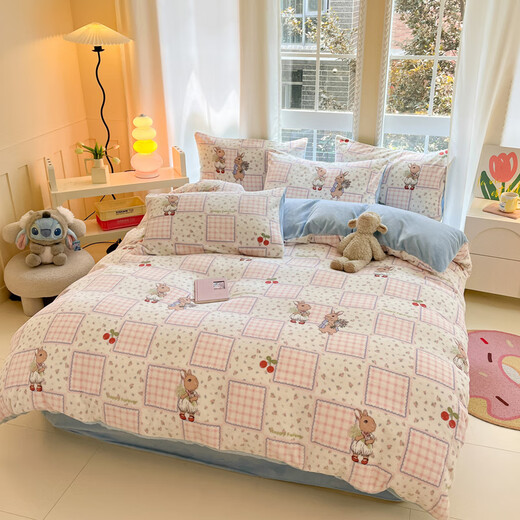 Langsha (langsha) autumn and winter plus velvet milk velvet bed four-piece set small fresh thick coral velvet sheet quilt cover three-piece bedding set pastoral rabbit + baby blue 1.8m bed sheet style four-piece set - quilt cover 200*230
