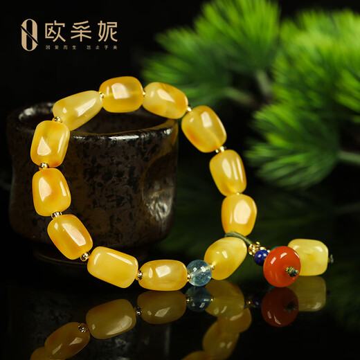 Ouchini Beeswax Bracelet Natural Amber Beeswax Shape Aquamarine with Southern Red Pendant Multi-Bracelet Women's Style Gift One-item One-Certificate Supports Re-inspection