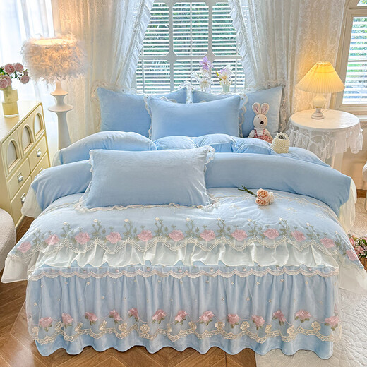 Yalu Class A milk velvet four-piece bed skirt style winter double-sided velvet thickened lace bedspread coral velvet sheet quilt cover Attachment-Baby Blue Class A maternal and infant grade/aesthetic lace design bed skirt style 1.5m four-piece quilt cover 200x230cm