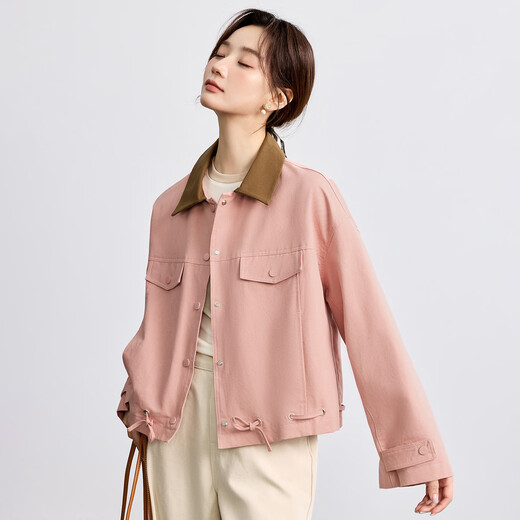 INMAN Pure Cotton Revealable Jacket Women's 2025 Autumn Loose Fashionable Contrast Color Lapel Work Jacket Top Lotus Pink S