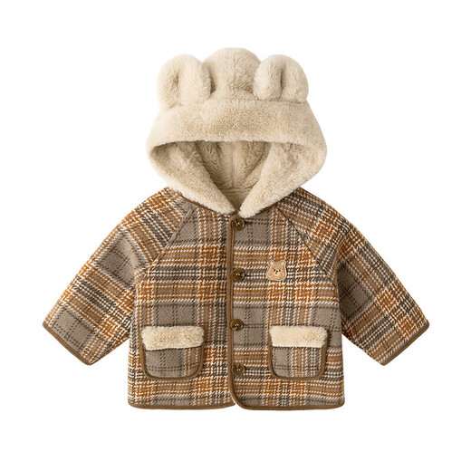 Dudu baby hooded coat autumn and winter velvet thickened children's plaid coat winter style boys and girls winter clothing trendy brown 100