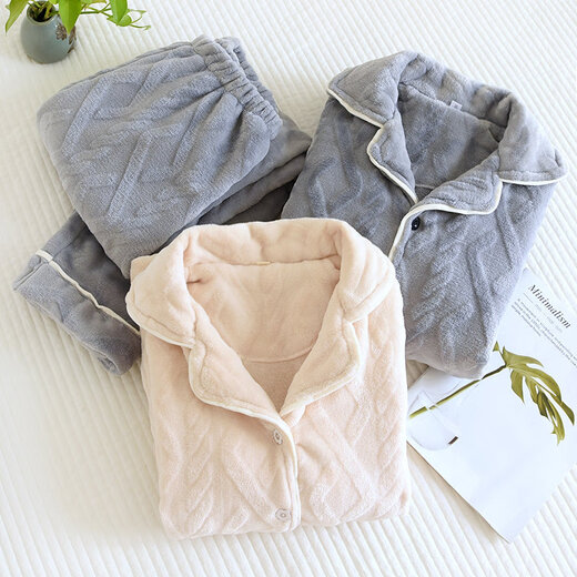 Einfarbiger Flanell-Pyjama von Red Bean für Damen, langärmelig, Herbst und Winter, warmes, samtiges und verdicktes Paar-Hauskleidungsset, Herrenblau M