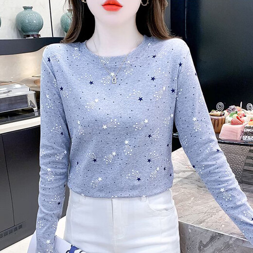 Red Dragonfly Pure Cotton Fashion Print Print Print Print для женщин с длинными рукавами Осень Новая тонкая и универсальная круглая футболка с крытой верхнее белье DD1396# (серые) с длинными рукавами M [Предлагается 91-105JIN [JIN равен 0,5 кг]]]]]