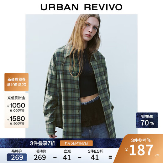 UR2025 new autumn women's American retro contrast plaid long-sleeved cardigan shirt UYY250060 green plaid S