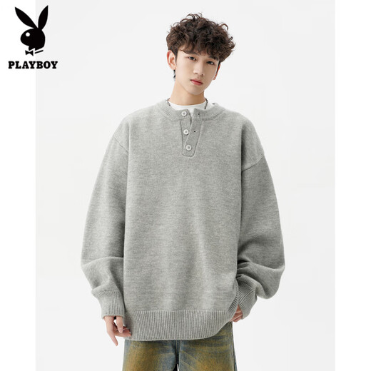 Playboy (PLAYBOY) American solid color Henry collar sweater men's autumn and winter new trendy brand-style sweater casual warm couple jacket light gray XL