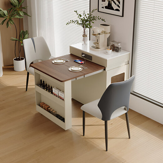 Shetan foldable and retractable solid wood narrow island dining table integrated cream style home small apartment multi-functional kitchen table cabinet Folding and retractable island dining table socket
