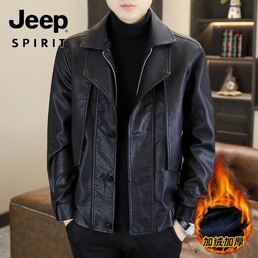 JEEP SPIRIT fake two-piece men's leather jacket 2025 new winter velvet warm casual motorcycle leather jacket top high-end black velvet M 100-120Jin Jin equals 0.5 kg