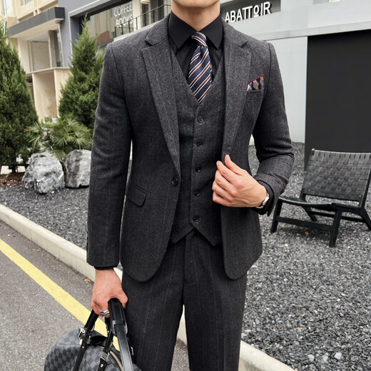 Lilang Autumn and Winter Thick Wool Suit Men's Striped Woolen Business Casual Suit Korean Slim Wedding Dress Dark Gray Suit+Vest+Trousers 3XL 56