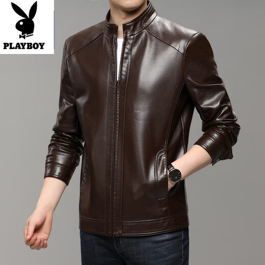 PLAYBOY Brand Men's Stand Collar Motorcycle Leather Jacket 2025 Autumn and Winter Simple and Versatile Jacket Haining Genuine Leather Jacket Black XL 180