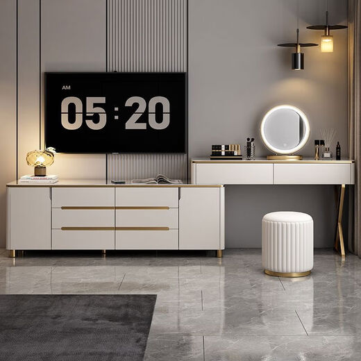 Cradle Rabbit solid wood light luxury slate dresser and drawer integrated bedroom storage cabinet multi-functional small apartment TV Light luxury cream white 1 point 2 lower cabinet + 1 point 2 dressing table + makeup stool + makeup mirror Ultra-new solid wood ecological plate natural double slate plate delivered to home including installation