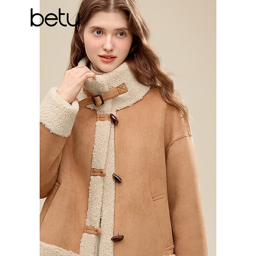 Betu Women's 2025 Winter New Short Jacket Gentle Temperament Environmentally Friendly Suede Particle Jacket Women 2511T32 Camel Color XS