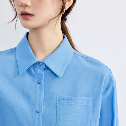 INMAN Ramie Cotton French Commuting Blue Shirt Women's 2025 Autumn Fashionable Loose Slim Long Sleeve Shirt Sky Blue M