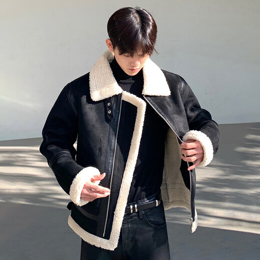 Falling cotton-padded jacket men's Korean style winter suede cotton-padded jacket trendy loose thickened fur one-piece lambswool jacket black XL