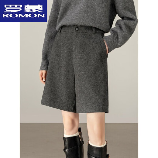 ROMON gray woolen shorts for women autumn and winter 2025 new high-end casual straight pants suit woolen five-quarter pants dark gray L