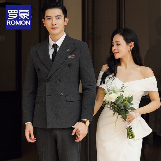 ROMON groom wedding formal suit men's suit dress British double-breasted solid color casual suit men's three-piece suit dark gray top + pants + white shirt 52/XL 120-135Jin Jin equals 0.5 kg to wear