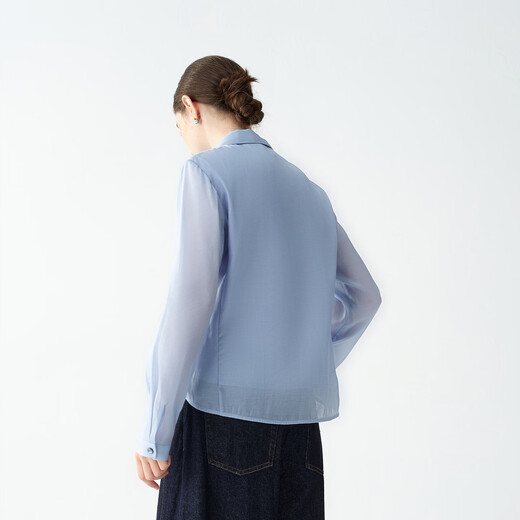 EIN PURE Relaxed silk cotton blue lace accordion lapel long-sleeved shirt for women 2025 autumn new style light blue S