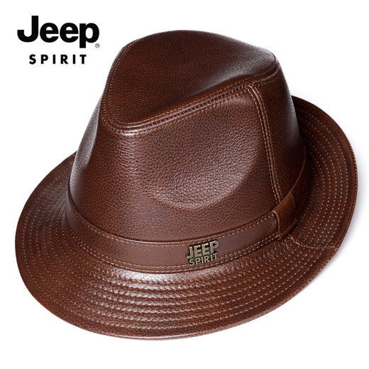 JEEP SPIRIT genuine leather top hat men's autumn and winter gentleman's hat middle-aged and elderly casual jazz hat dad British cowhide leather top hat retro brown L (55-56cm)