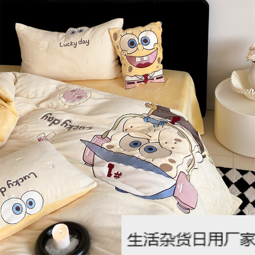 Spongebob cartoon style cute soft lamb velvet + milk velvet four-piece winter thickened warm bedding milk velvet-SpongeBob SquarePants bed sheet 1.5m (quilt cover 200*230cm)