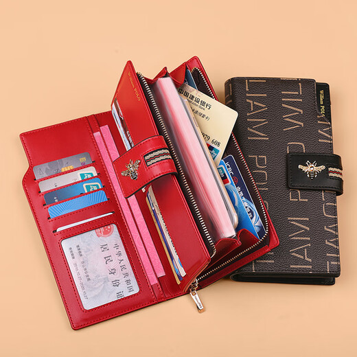 British Paul anti-theft brush wallet for women, long leather wallet, large capacity, multiple card slots, multi-functional clutch bag, female birthday gift, red first-layer cowhide, anti-theft brush, anti-degaussing, wrist strap - 18 card slots