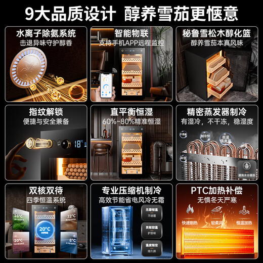 CIGARLOONG 95C constant temperature and humidity cigar cabinet air-cooled frost-free compressor household energy-saving silent cedar wood liner shelf WiFi remote IoT ammonia removal fingerprint lock Cuban cigar cabinet 95C cigar basket model + purified ammonia + WiFi + fingerprint lock