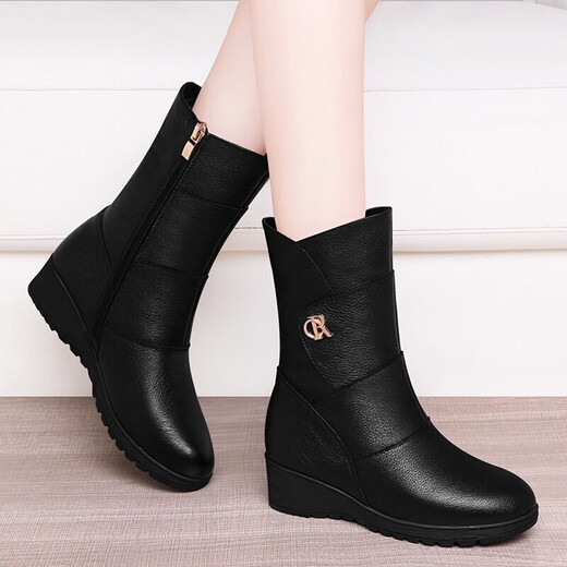 Off-code clearance red green mid-calf boots for women, winter wedge heel plus velvet cotton shoes, middle-aged and elderly mother's boots, inner height increasing women's boots, black plus velvet, heel height 5 cm 38 (240mm)