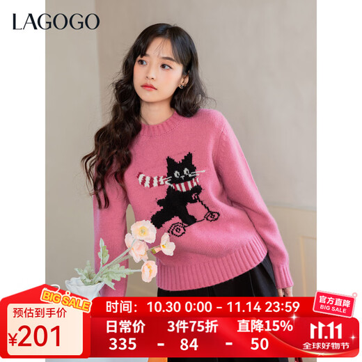 LAGOGO Naughty Cat Raspberry Pink Sweater Women Lagogu 2025 Winter New Round Neck Dopamine Sweater Pink S