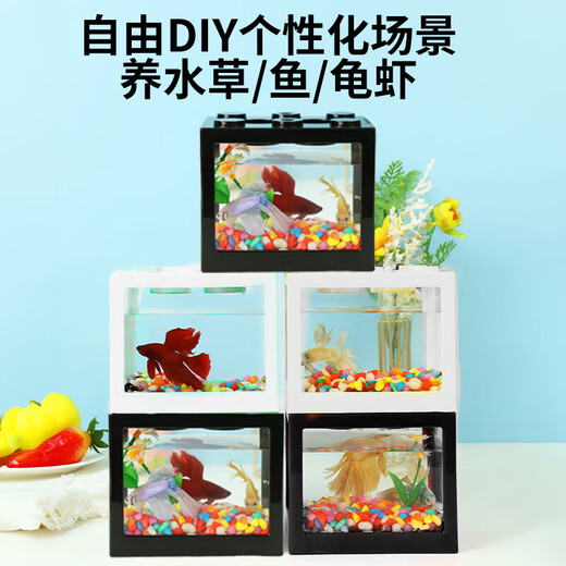 Desktop fish tank, small household building block tank, ecological tank, aquarium, betta fish tank with night light, ambient light ornament, white fish tank with one light