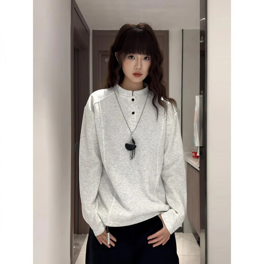 Huazhenmian (HUAZHENMIAN) velvet white floral gray Henry collar long-sleeved POLO shirt men's style handsome shoulder T-shirt American splicing sweatshirt white gray regular M