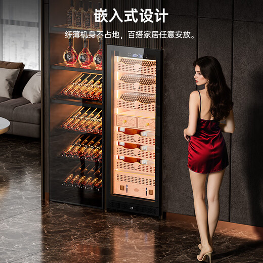 Kelong 608C cigar cabinet, constant temperature and humidity, water ion ammonia removal, smart WiFi, IoT control, air-cooled cedar wood liner shelf, alcohol feeding, water circulation compressor, refrigeration cigar cabinet, obsidian black 1 sober cigar cabinet + cedar wood liner shelf + purified ammonia + WiFi