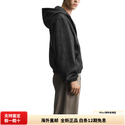 ZARA hooded kangaroo pocket men's leather jacket, comfortable and versatile, long-sleeved, black S (175/92A)